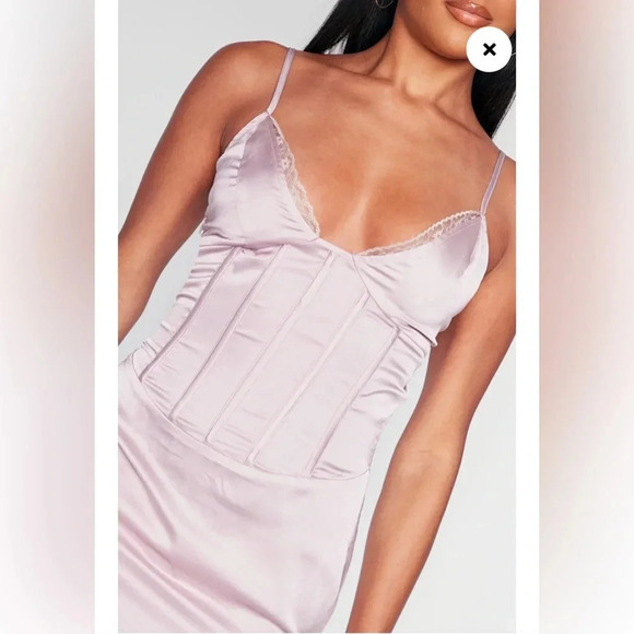 Pretty Little Thing MAUVE SATIN CORSET DETAIL LACE TRIM STRAPPY BODYCON DRESS - Picture 8 of 15
